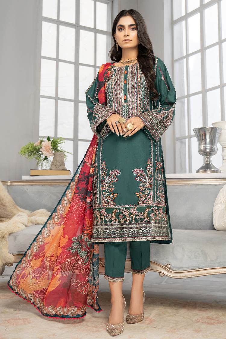 Women Boutique Collection Handwork Cemric Cotton Printed Stitched Suit with Bottom and Dupatta