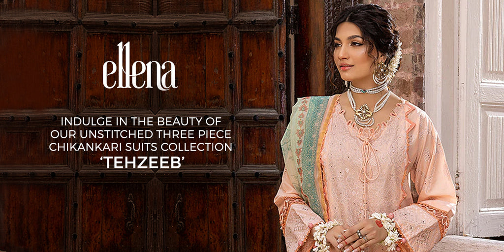 Indulge in the beauty of our unstitched three piece Chikankari suits collection ‘Tehzeeb’