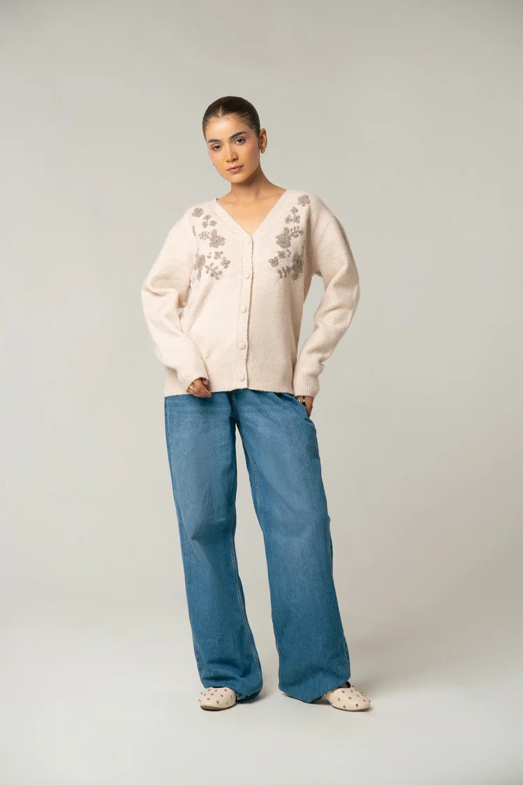 V-Neck Embroidered Knit Sweater