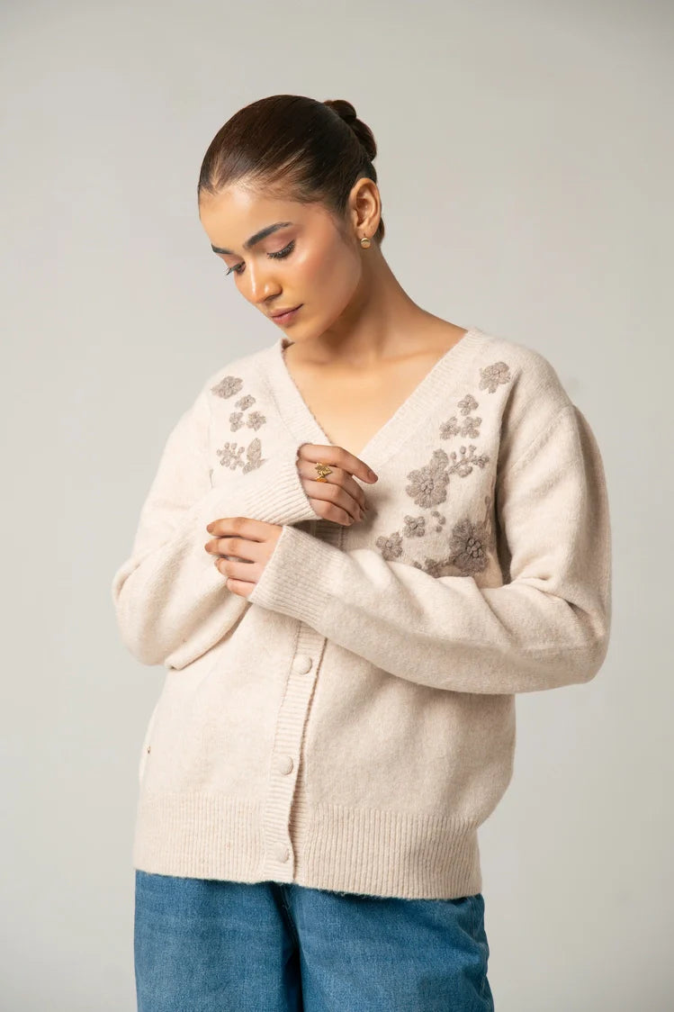 V-Neck Embroidered Knit Sweater