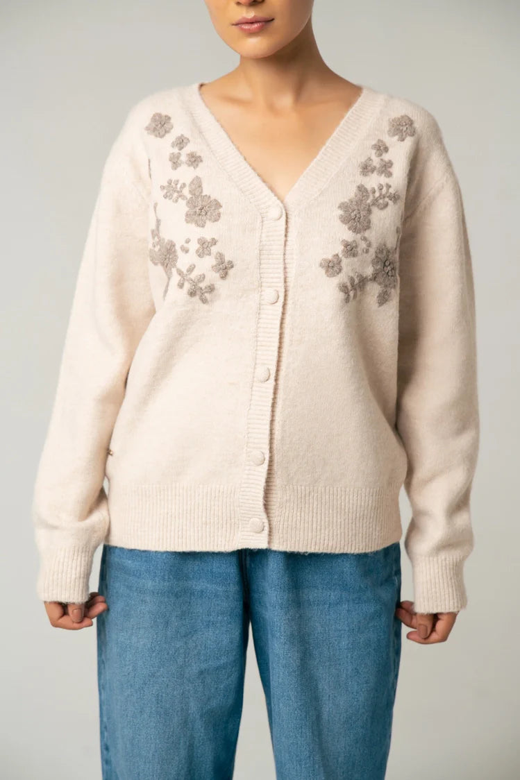 V-Neck Embroidered Knit Sweater