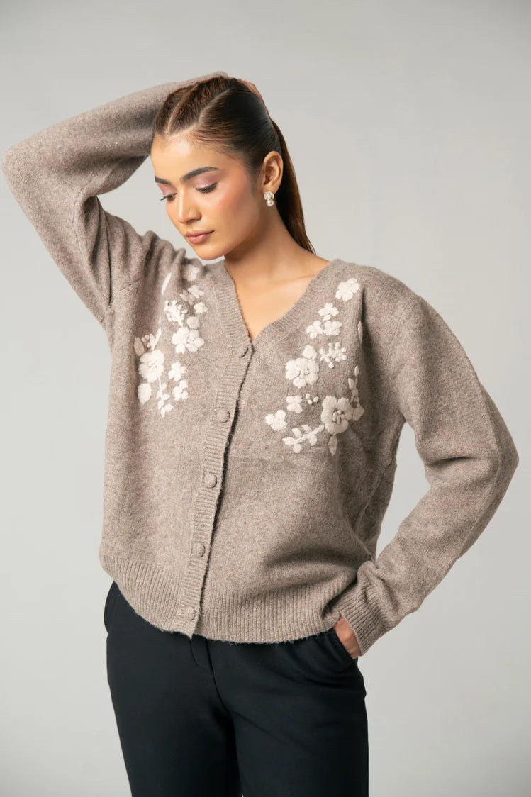 V-Neck Embroidered Knit Sweater