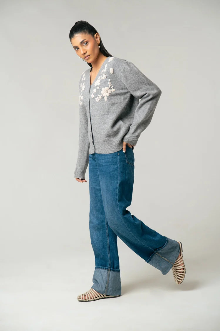 V-Neck Embroidered Knit Sweater