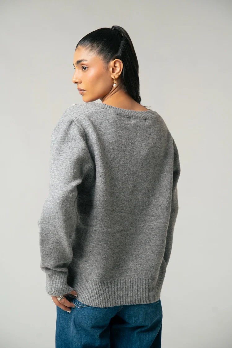 V-Neck Embroidered Knit Sweater