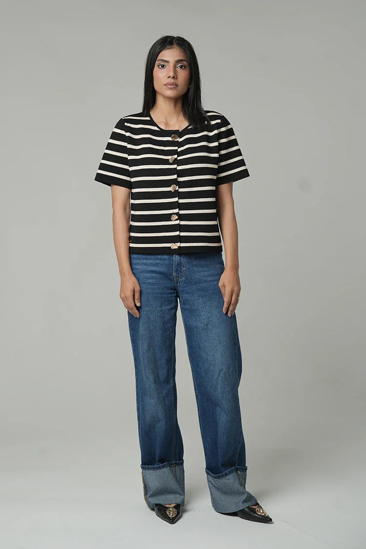 Short Sleeves Striped Knit Cardigan