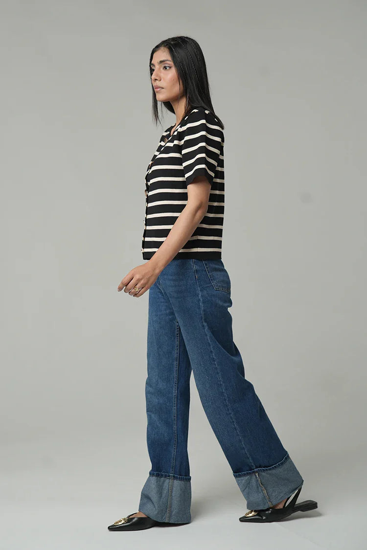 Short Sleeves Striped Knit Cardigan