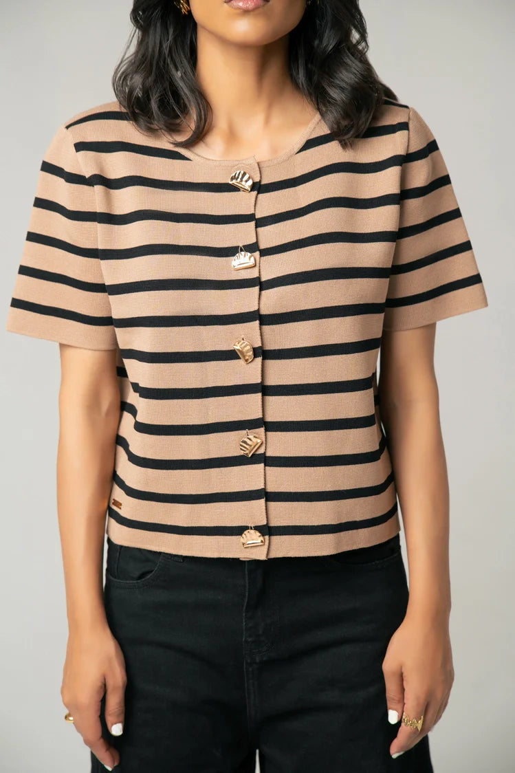 Short Sleeves Striped Knit Cardigan