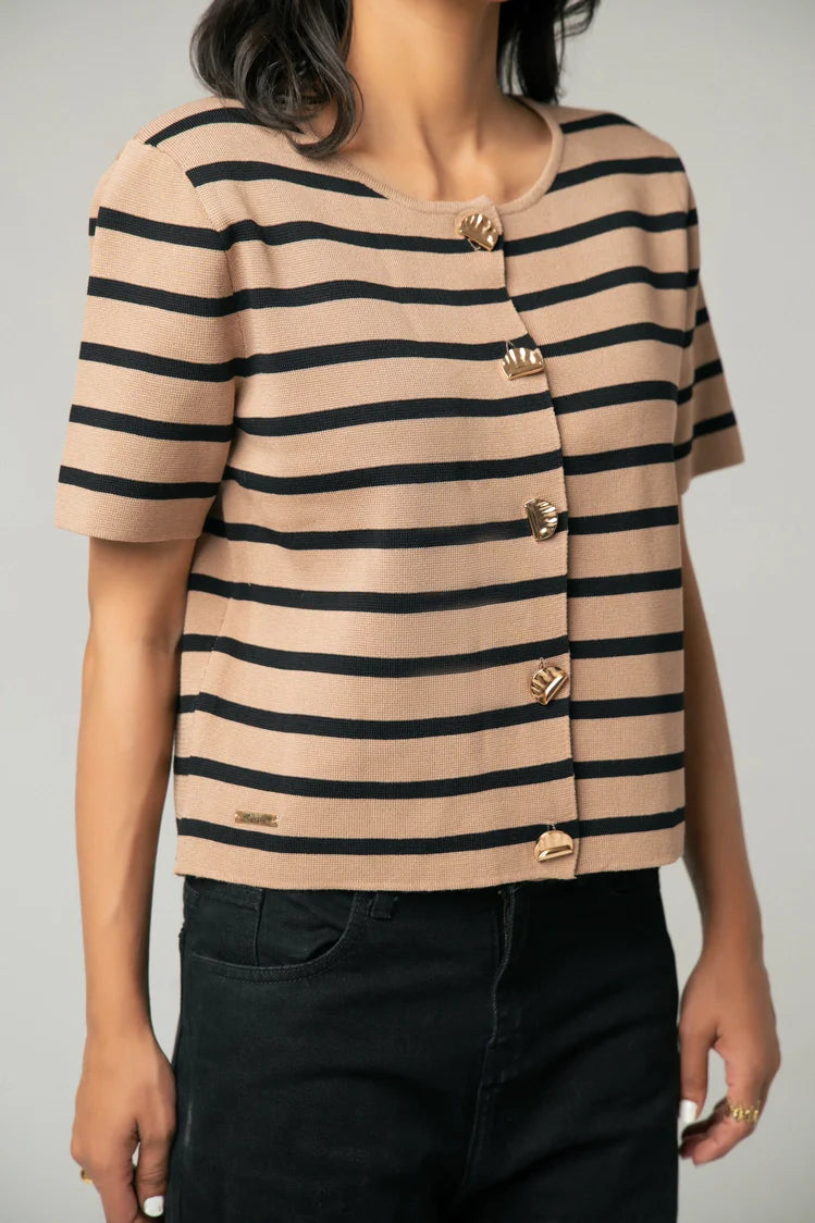 Short Sleeves Striped Knit Cardigan