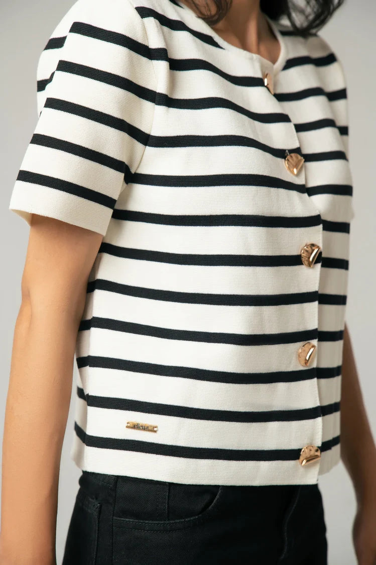 Short Sleeves Striped Knit Cardigan