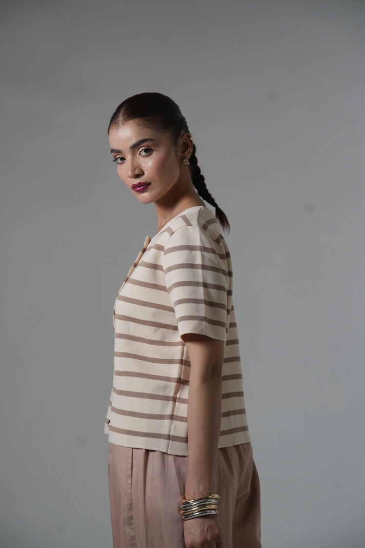Short Sleeves Striped Knit Cardigan