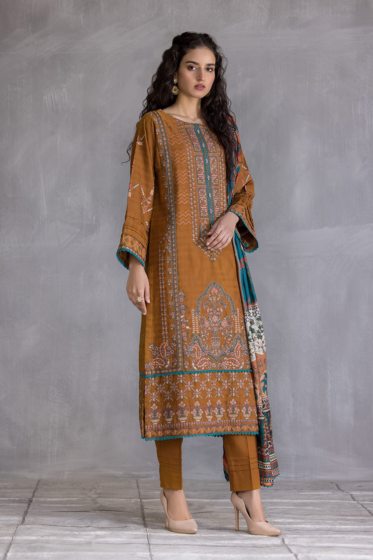 3-PC Stitched Embroidered Slub Khaddar Suit