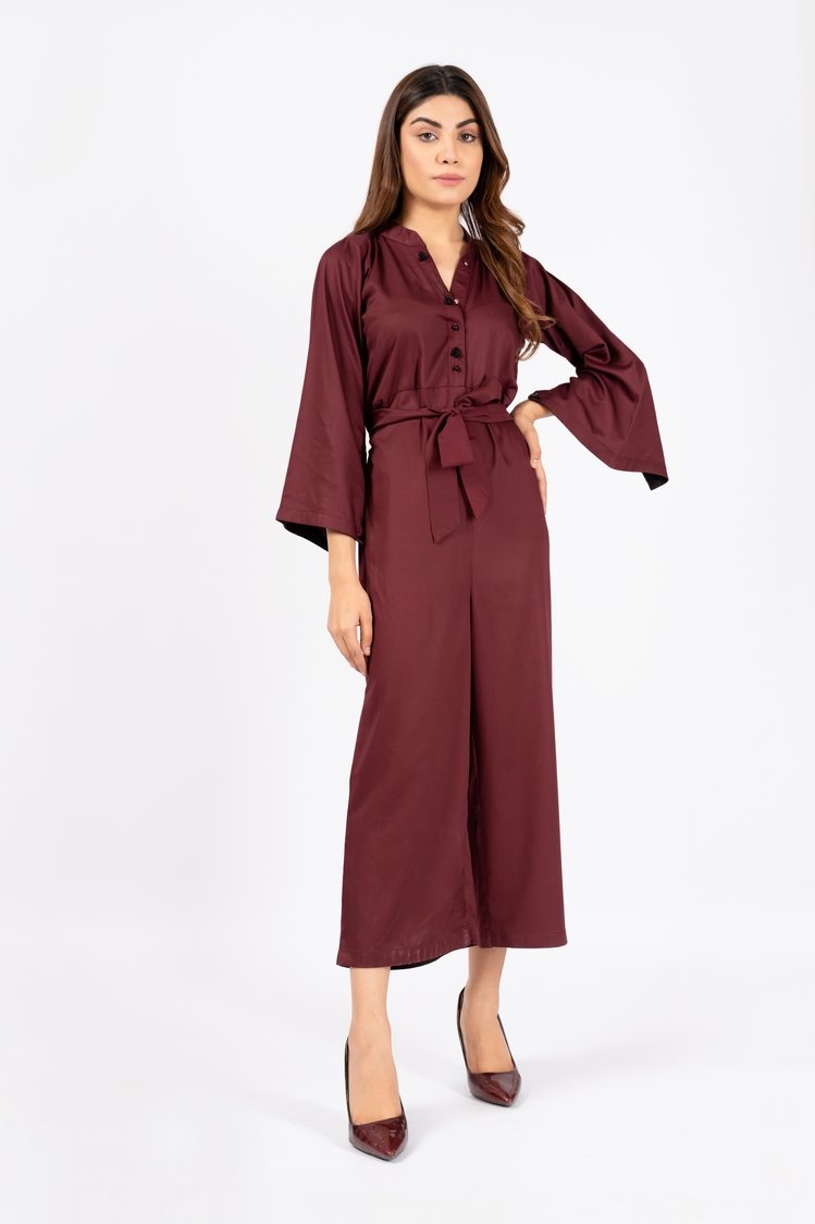 Women's Belted Maroon Jumpsuit- Ellena 