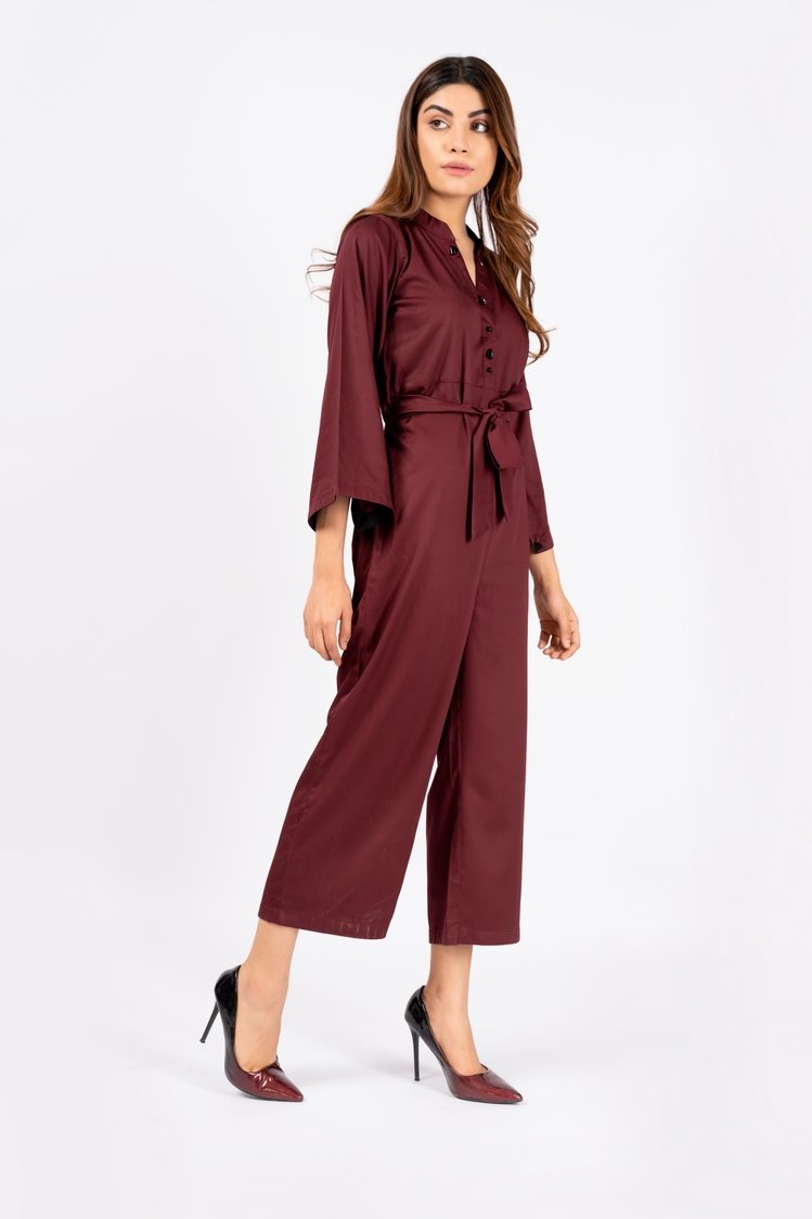 Women's Belted Maroon Jumpsuit- Ellena 