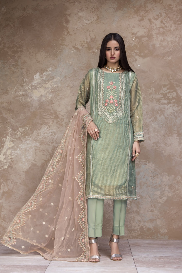 3-PC Stitched Embroidered Organza Suit