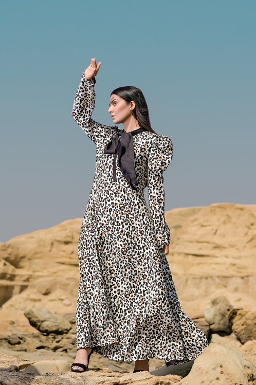 Leopard Print Long Sleeve Georgette Dress