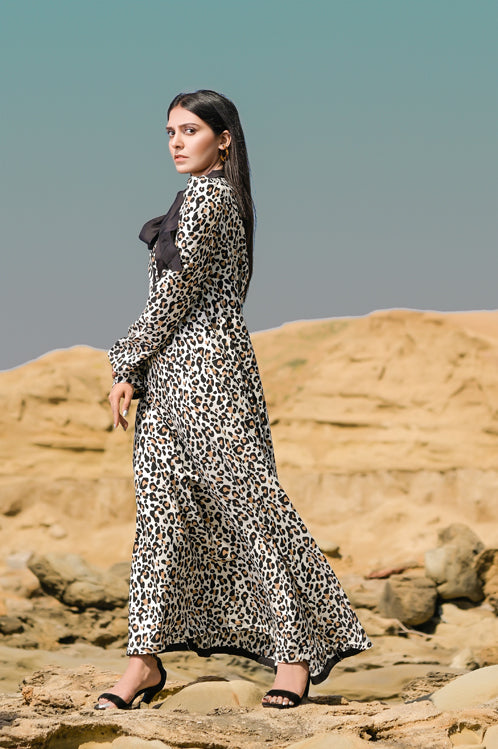 Leopard Print Long Sleeve Georgette Dress