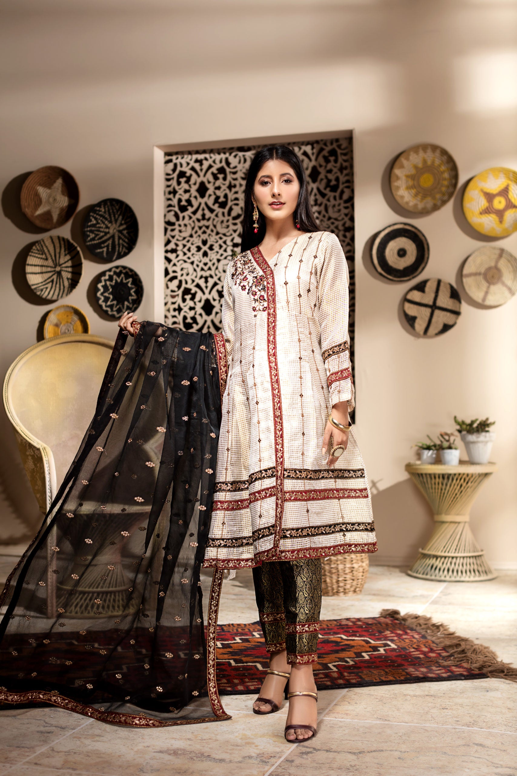 3-PC Stitched Zari Net Suit