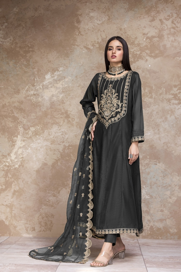 3-PC Stitched Embroidered Raw Silk Suit