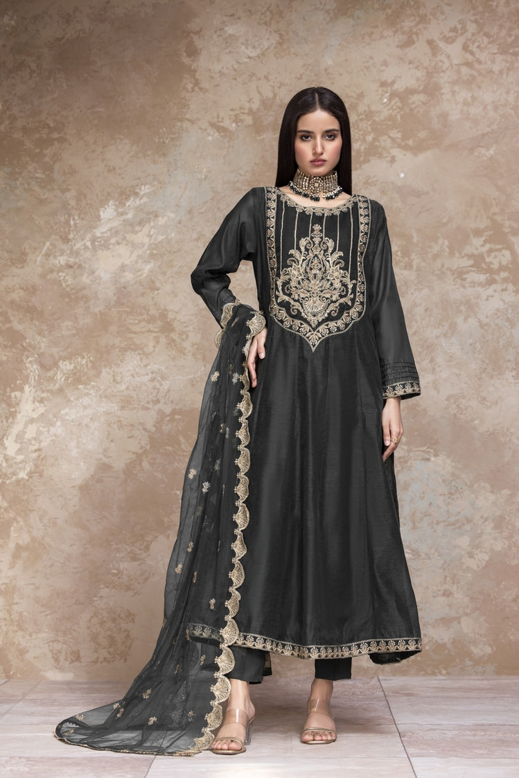 3-PC Stitched Embroidered Raw Silk Suit