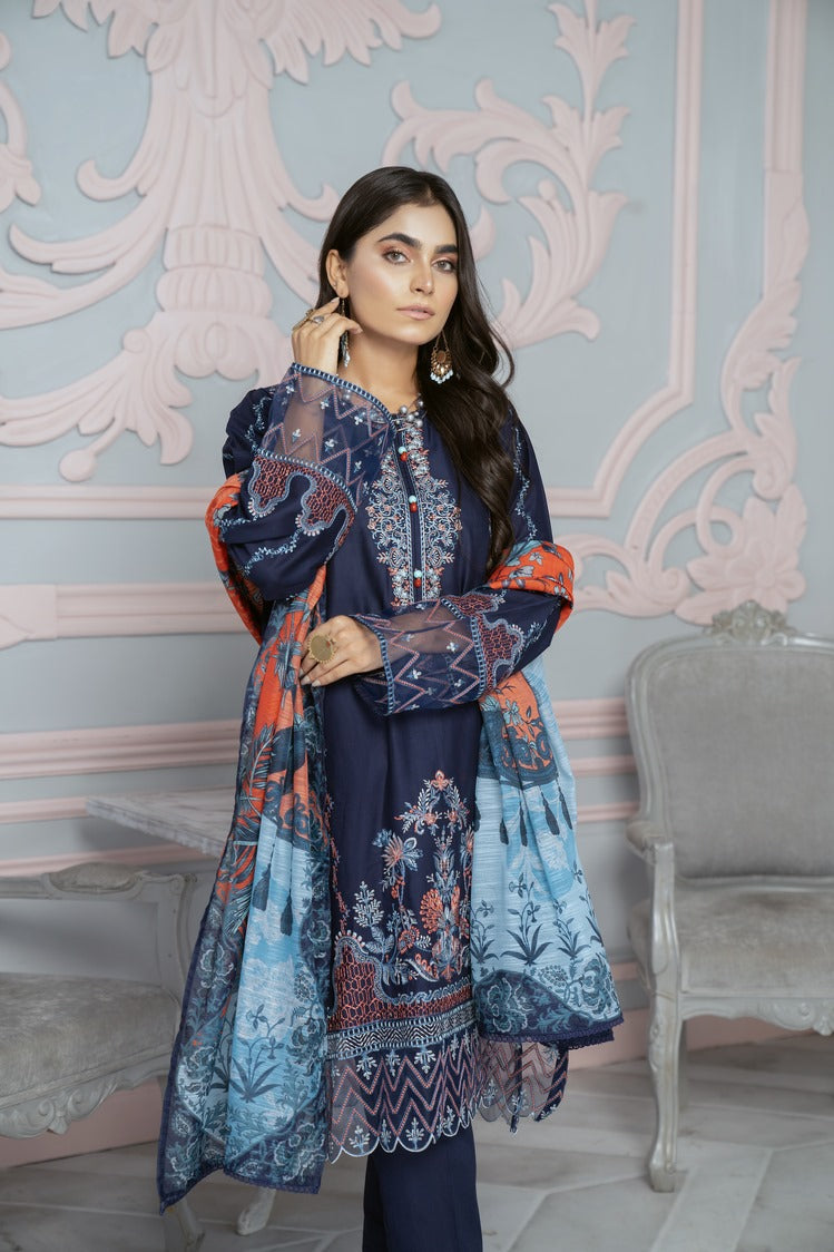 3-PC Stitched Embroidered Cambric Cotton Suit