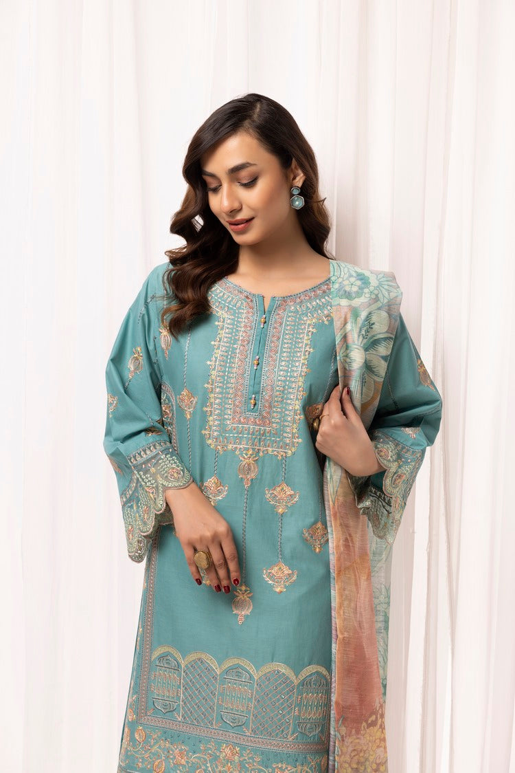 3-PC Stitched Embroidered Cambric Cotton Suit