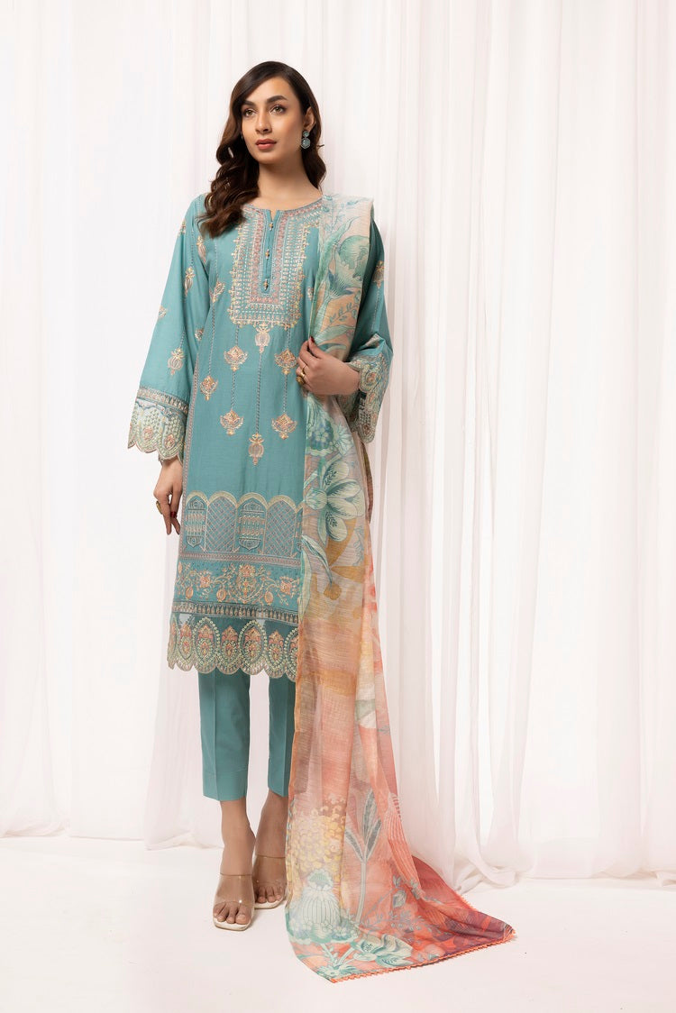 3-PC Stitched Embroidered Cambric Cotton Suit