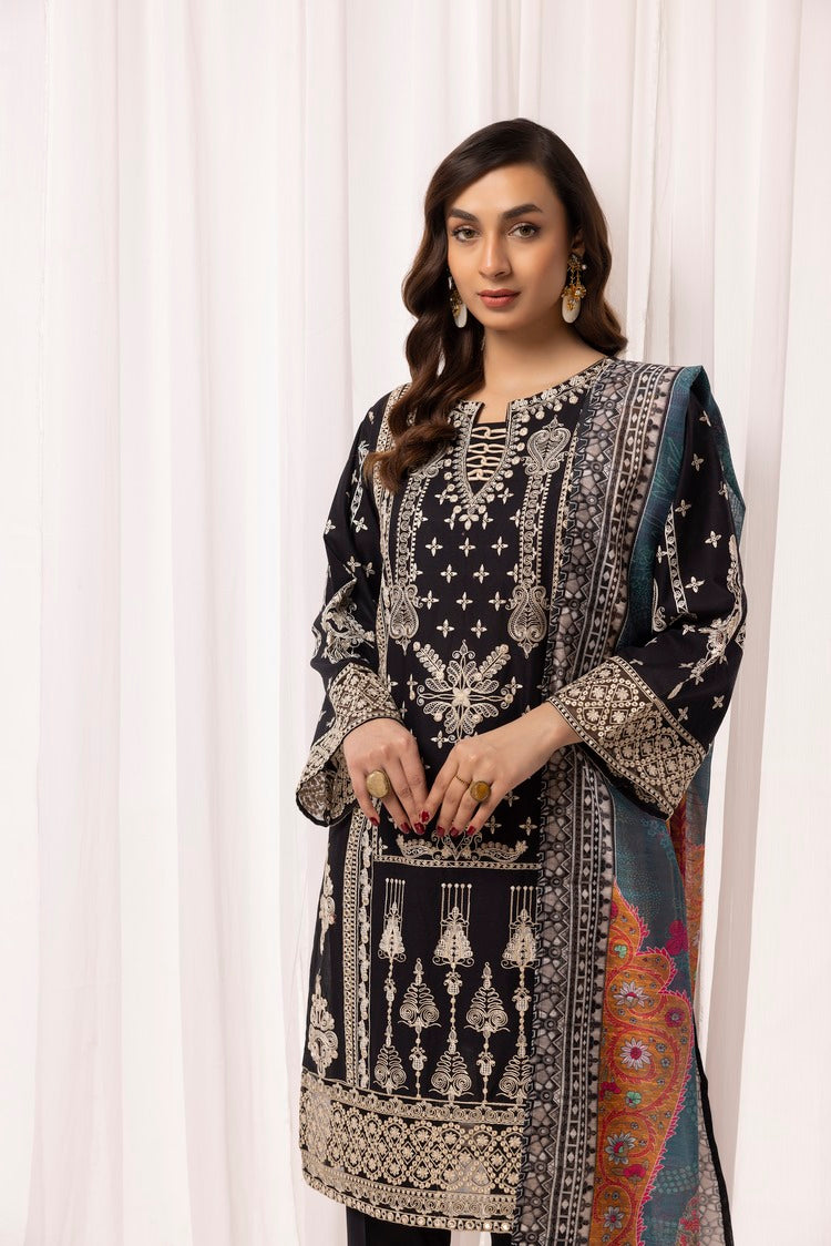 3-PC Stitched Embroidered Cambric Cotton Suit