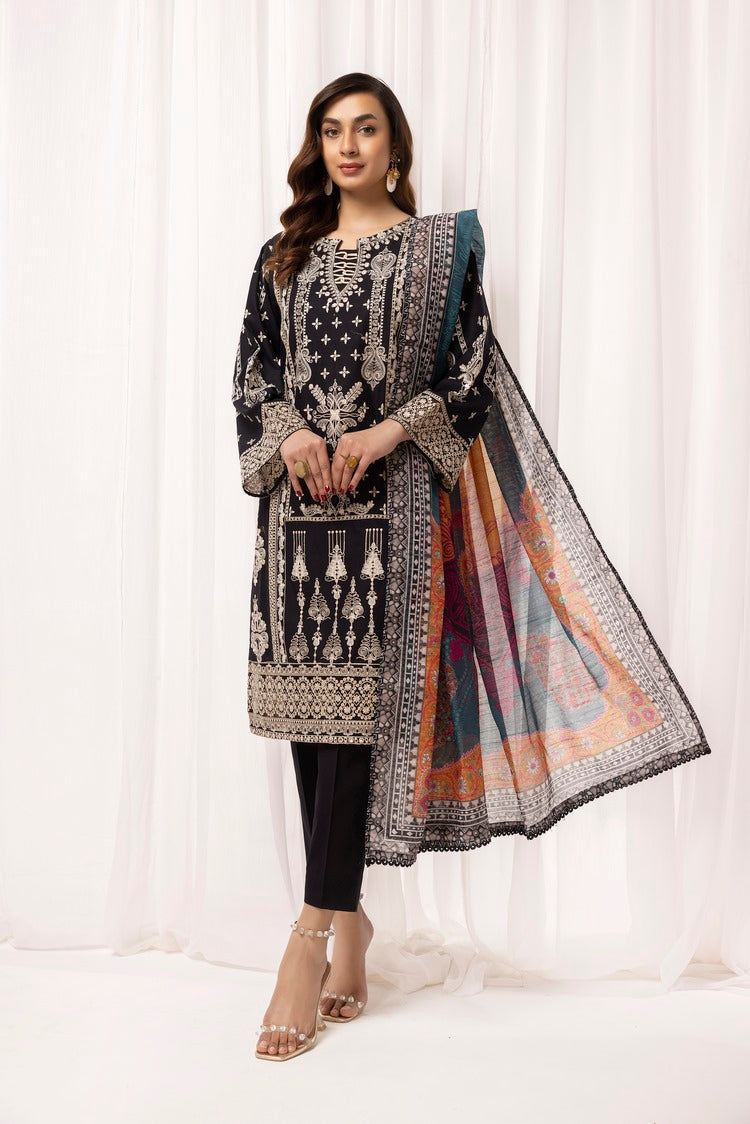 3-PC Stitched Embroidered Cambric Cotton Suit