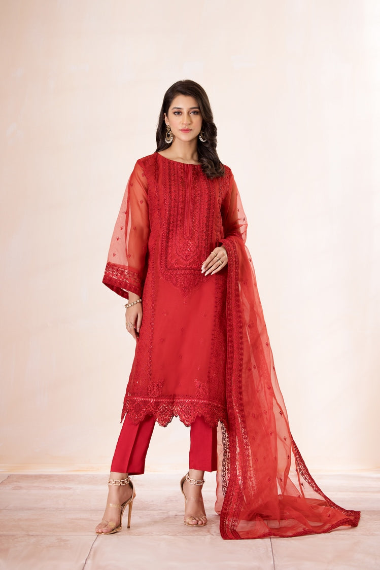 3-PC Stitched Embroidered Organza Suit