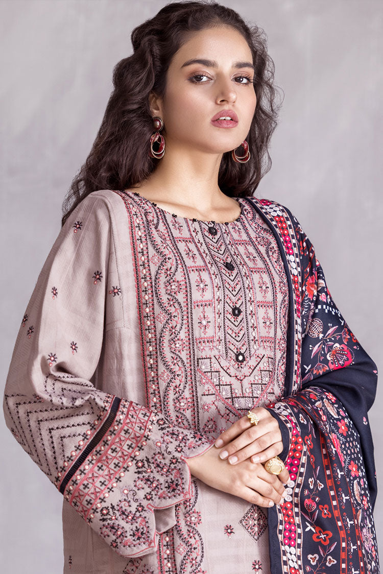 3-PC Stitched Embroidered Slub Khaddar Suit