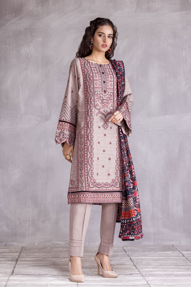 3-PC Stitched Embroidered Slub Khaddar Suit