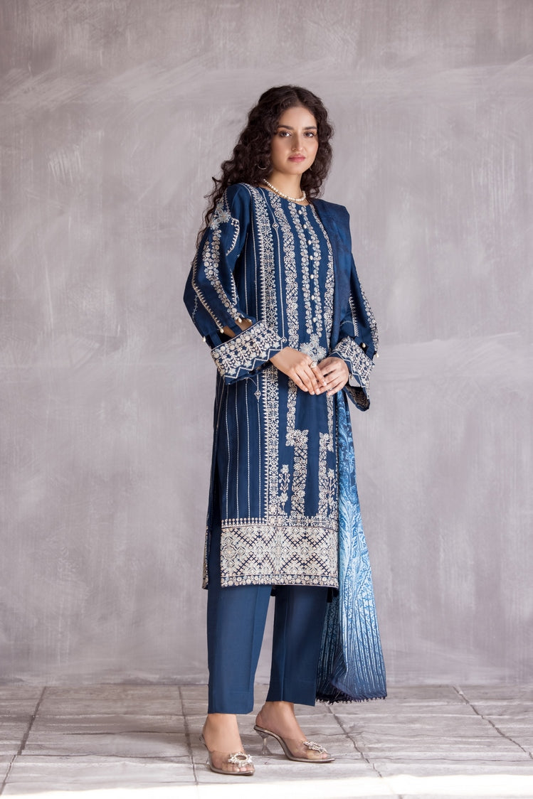 3-PC Stitched Embroidered Slub Khaddar Suit