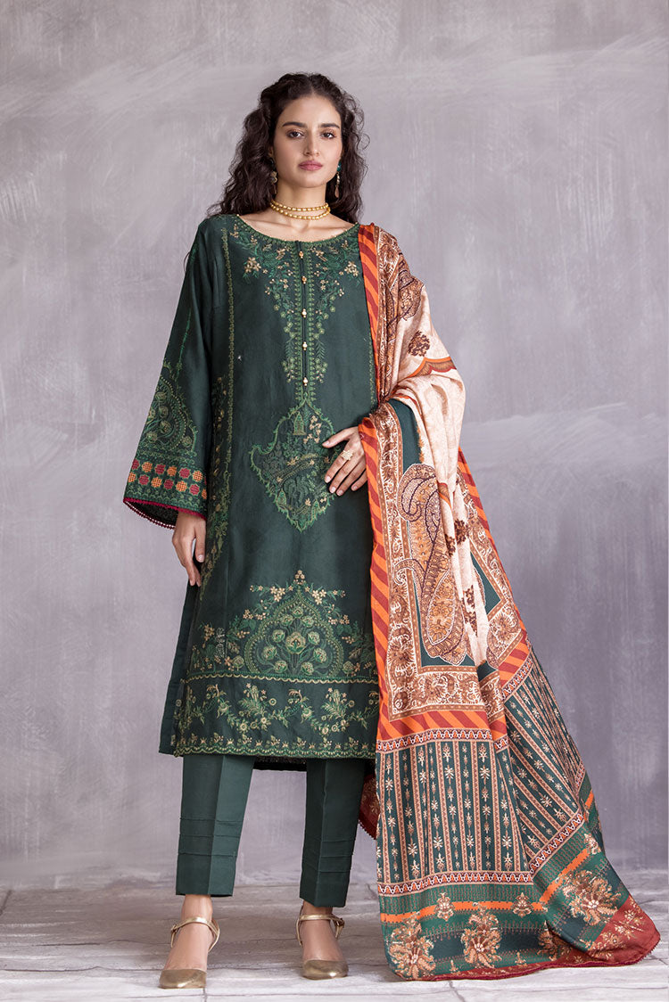 3-PC Stitched Embroidered Slub Khaddar Suit