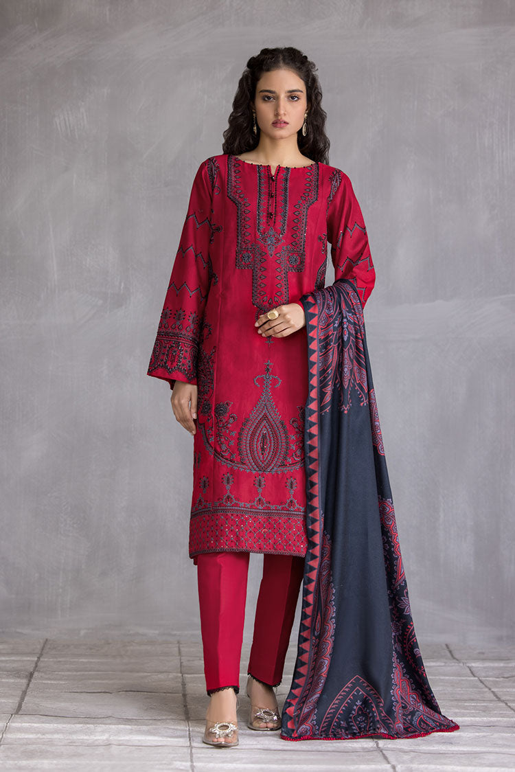 3-PC Stitched Embroidered Slub Khaddar Suit