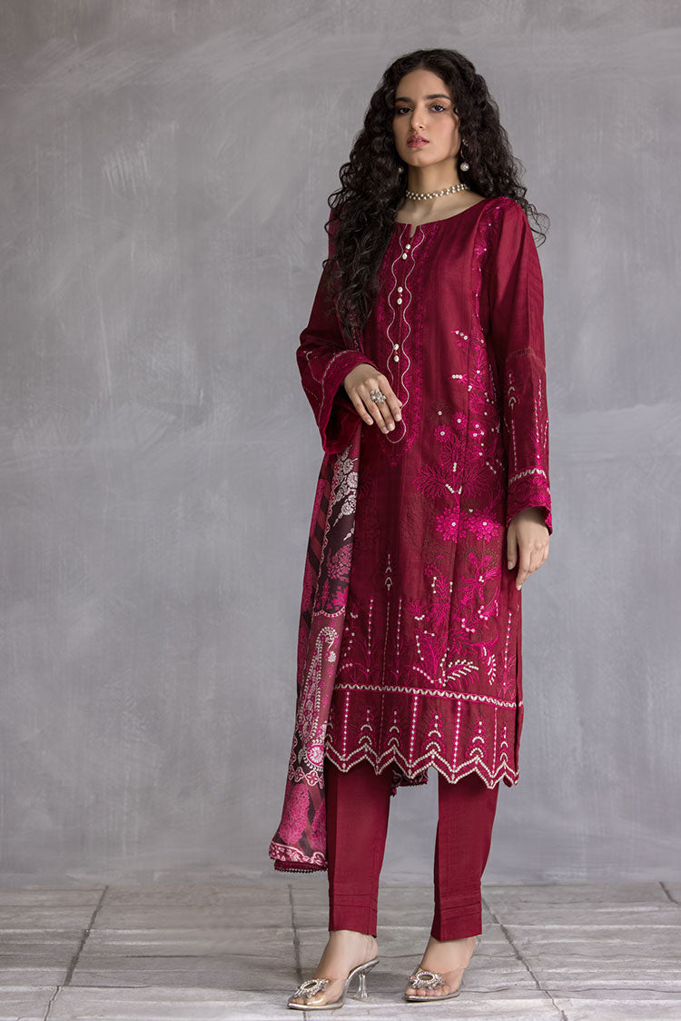 3-PC Stitched Embroidered Slub Khaddar Suit