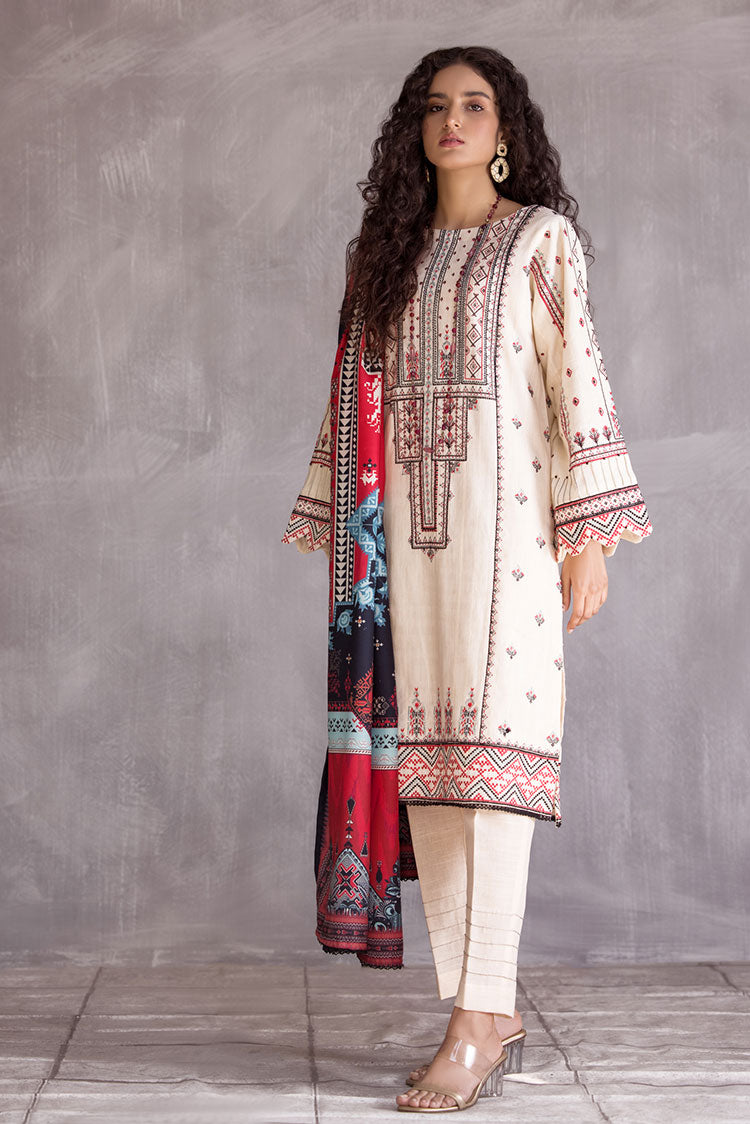 3-PC Stitched Embroidered Slub Khaddar Suit