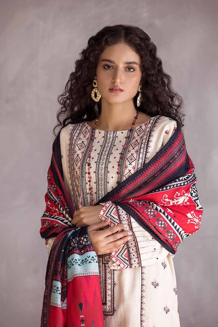 3-PC Stitched Embroidered Slub Khaddar Suit