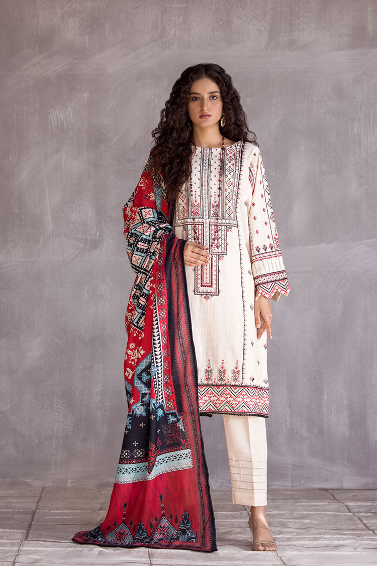 3-PC Stitched Embroidered Slub Khaddar Suit