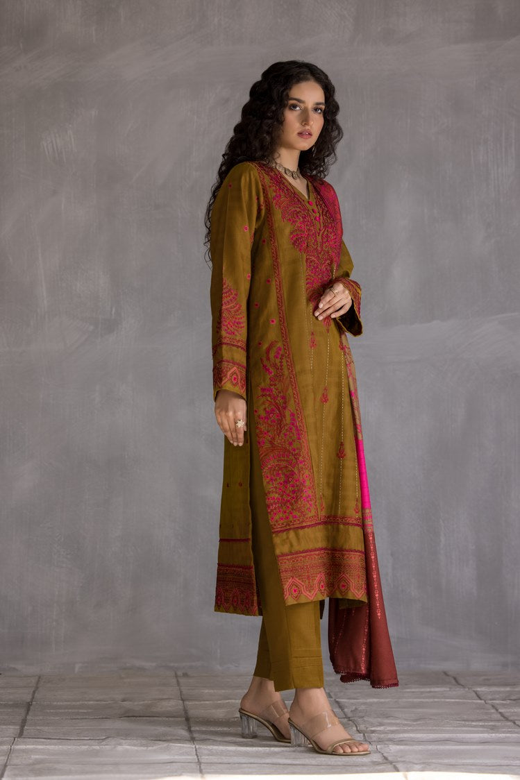 3-PC Stitched Embroidered Slub Khaddar Suit