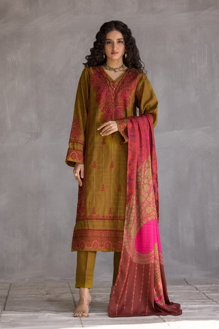 3-PC Stitched Embroidered Slub Khaddar Suit