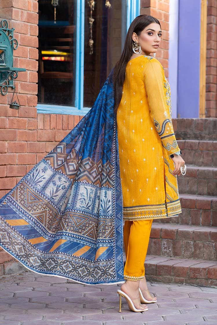 Embroidered Cotton Net 3-Pc Suit Yellow Back